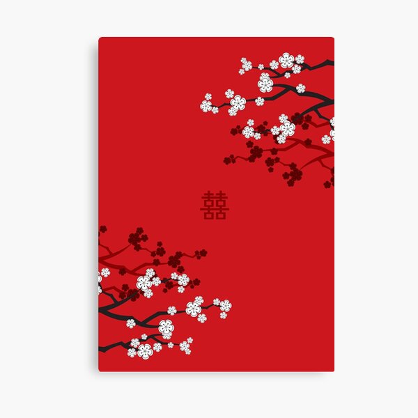Flores de cerezo blancas orientales en rojo y boda china Doble felicidad | Sakura japonesa © fatfatin Lienzo