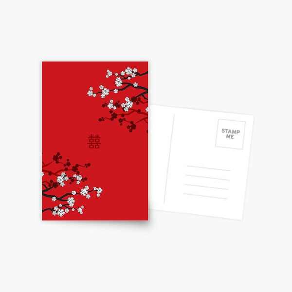 Artikel-Vorschau von Weiße orientalische Kirschblüten auf Rot und chinesisches Hochzeits-Doppelglück | Japanische Sakura © fatfatin, designt und verkauft von fatfatin.