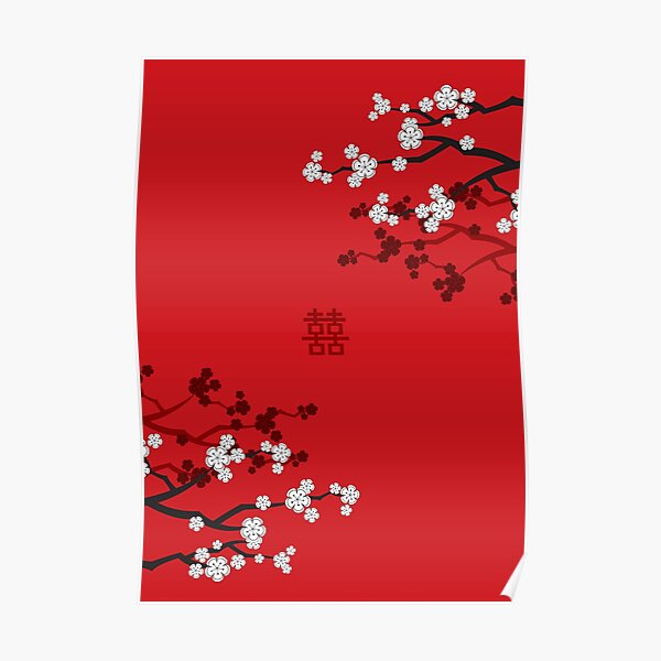 White Oriental Cherry Blossoms on Red and Chinese Wedding Double Happiness | Japanese Sakura © fatfatin Poster