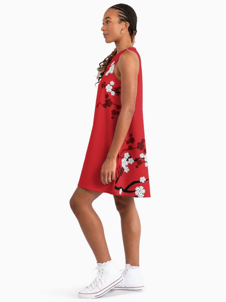 White Oriental Cherry Blossoms On Red And Chinese Wedding Double Happiness | Japanese Sakura Fatfatin Cherry Blossoms A-Line Dress