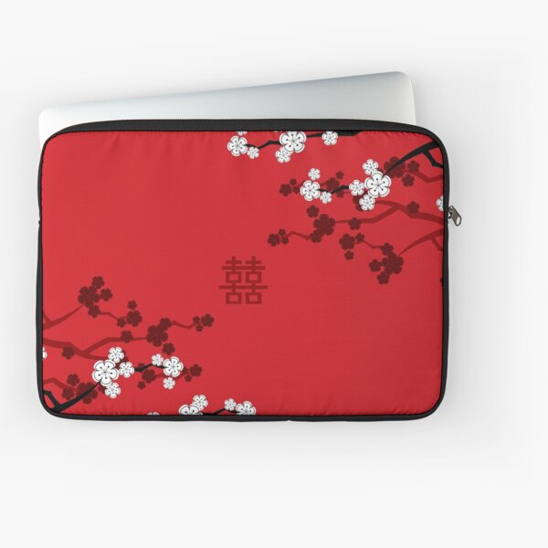 Aperçu de l'œuvre Fleurs de cerisier orientales blanches sur fond rouge et double bonheur de mariage chinois | Sakura japonais © fatfatin créée et vendue par fatfatin.