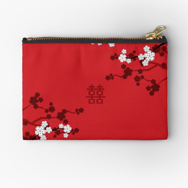 White Oriental Cherry Blossoms on Red and Chinese Wedding Double Happiness | Japanese Sakura © fatfatin Zipper Pouch