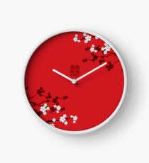 White Oriental Cherry Blossoms on Red and Chinese Wedding Double Happiness | Japanese Sakura Clock