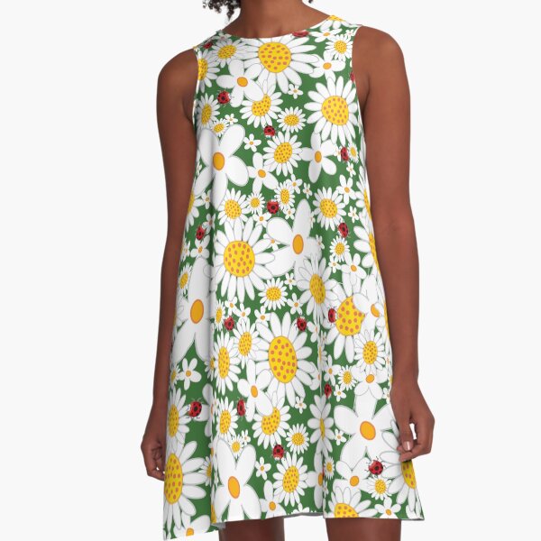 Whimsical Summer White Daisies and Red Ladybugs A-Line Dress