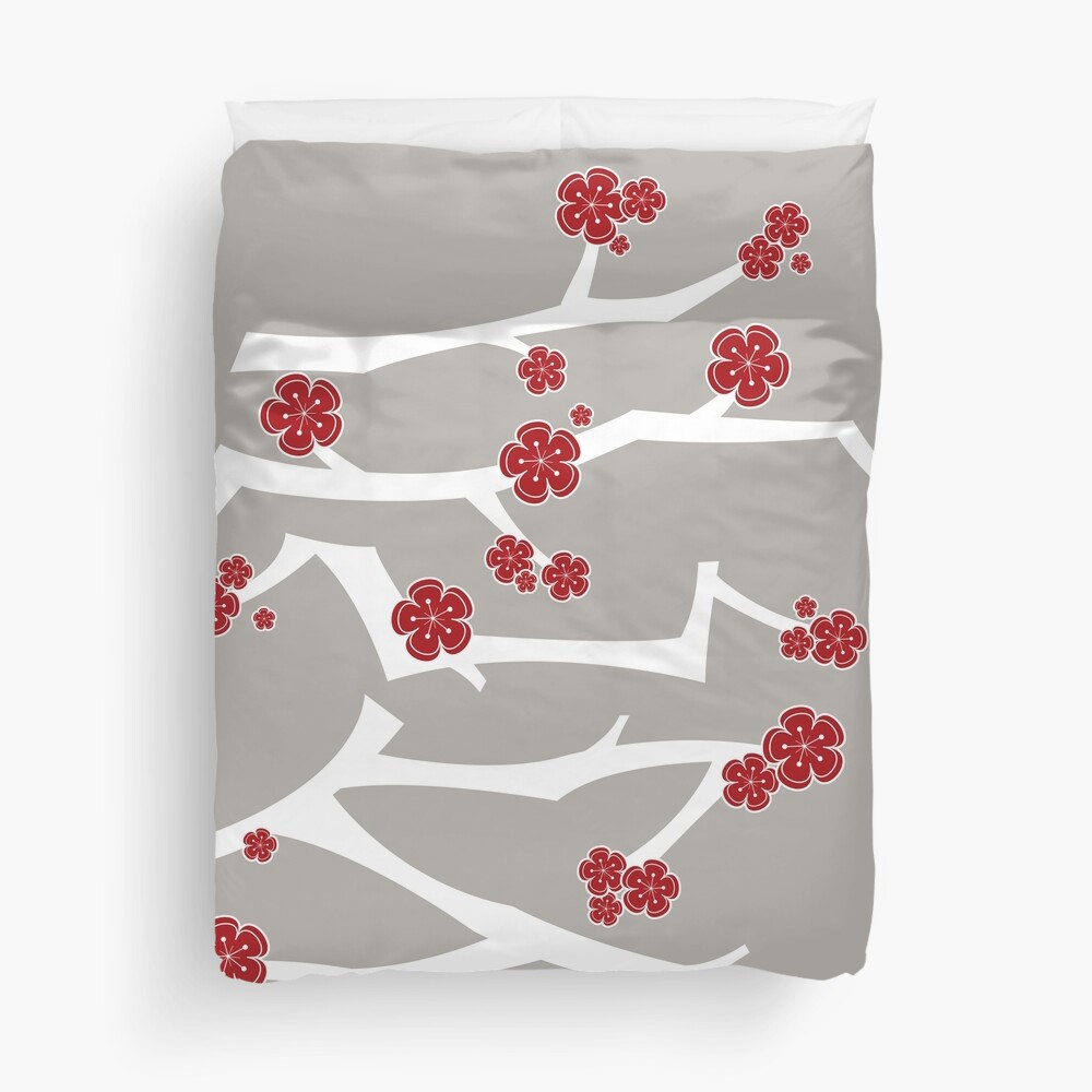 Chinese 'Ai' (Love) Calligraphy With Red Cherry Blossoms On White Branches | Japanese Sakura Kanji Duvet Cover