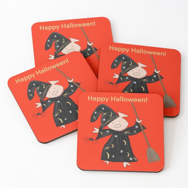 Item preview, Halloween orange witch with broomstick and spider.  Cute pig in fancy dress. Halloween designed and sold by PiggingJapan.