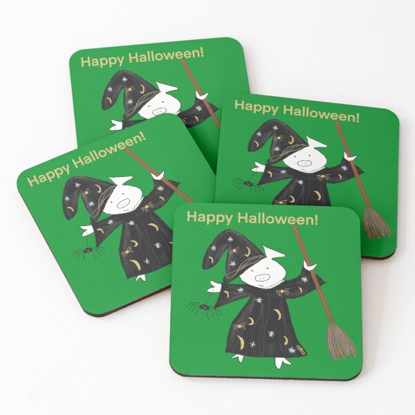 Item preview, Halloween green ghost witch with broomstick and spider.  Cute pig in fancy dress. Halloween designed and sold by PiggingJapan.