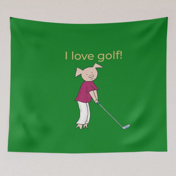 Item preview, I love golf! Left handed pig golf player, green, gold. Golfer designed and sold by PiggingJapan.