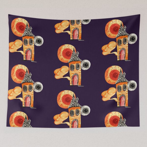 Item preview, Spooky eye sneaking behind haunted house halloween art designed and sold by pinkyfish1010.