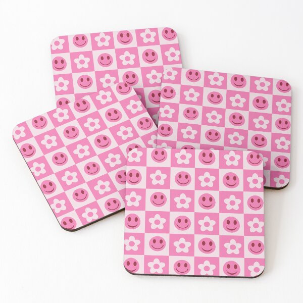 Item preview, Checkered pink smiling faces and retro flowers pattern  designed and sold by Yasminepatterns .