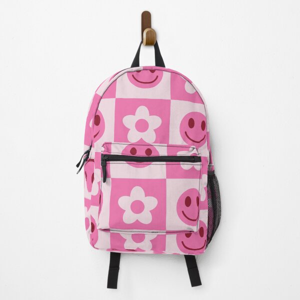 Item preview, Checkered pink smiling faces and retro flowers pattern designed and sold by Yasminepatterns .