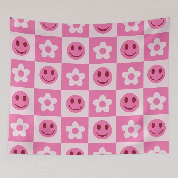 Item preview, Checkered pink smiling faces and retro flowers pattern  designed and sold by Yasminepatterns .