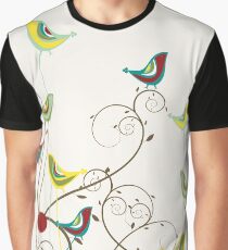 Colorful Whimsical Summer Red, Teal and Yellow Birds with Swirls Graphic T-Shirt