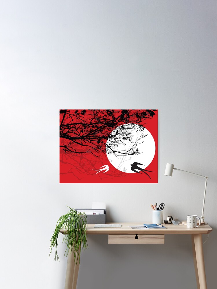 Poster Silhouette de paon noir au soleil rouge sur fond blanc