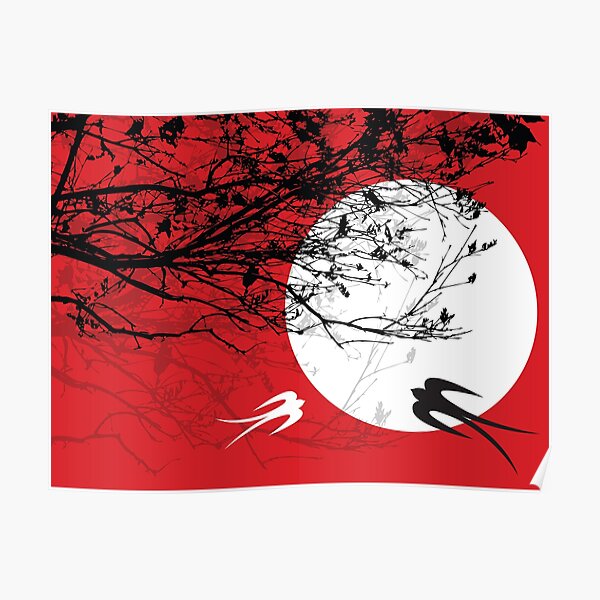 Oriental Swallows And Black Silhouette Branches In Moonlight On Red Poster
