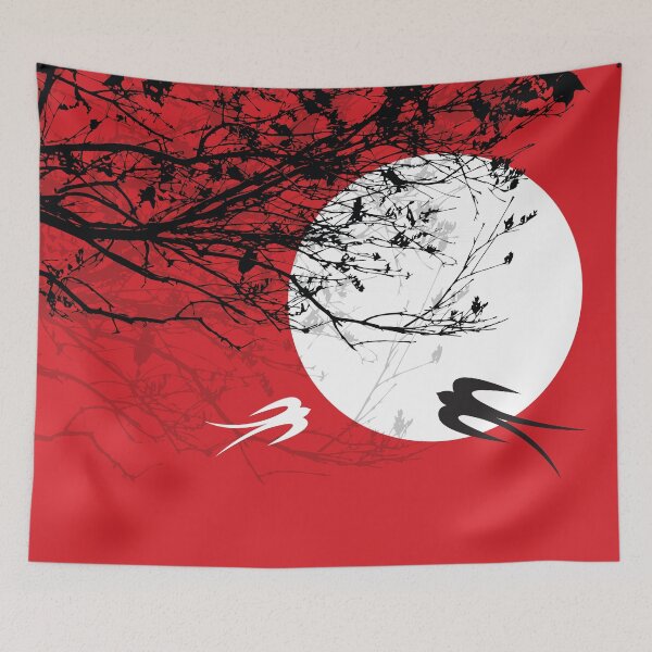 Item preview, Oriental Swallows And Black Silhouette Branches In Moonlight On Red © fatfatin  designed and sold by fatfatin.