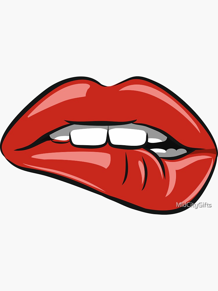 Sexy Red Lips With White Teeth Biting Down Sticker For Sale By Midcityts Redbubble 