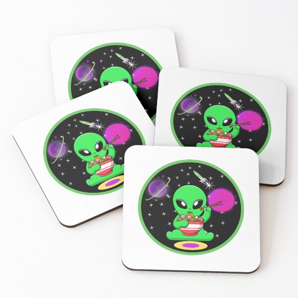 Item preview, Cute Alien Eating Ramen Noodles, with Rocket ship Stars and Purple Planets designed and sold by GarnersDesigns.