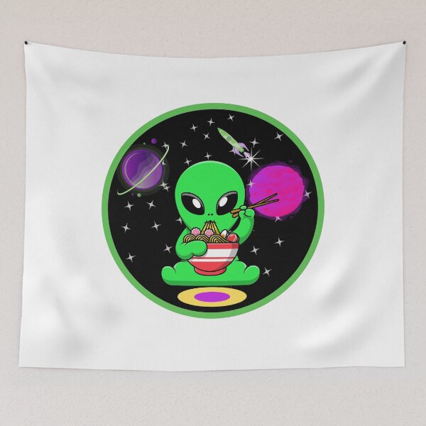 Item preview, Cute Alien Eating Ramen Noodles, with Rocket ship Stars and Purple Planets designed and sold by GarnersDesigns.