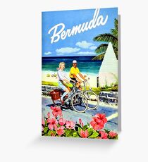 Bermuda, Happy couple bicycling by the coast, vintage travel poster Greeting Card