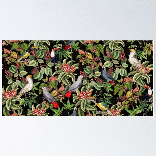 Item preview, tropical Parrots Cockatoos And Flowers Botanical Night Garden Vintage Pattern Black Nightgarden designed and sold by UtArt.