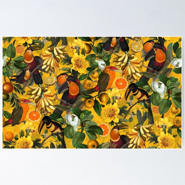 Item preview, tropical Toucans And exotic fruits Flowers Botanical Garden Vintage Pattern yellow Nightgarden designed and sold by UtArt.