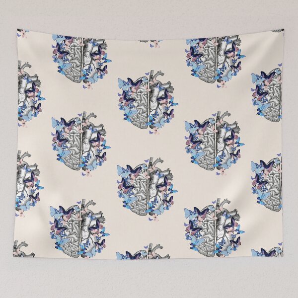 Item preview, Cute blue butterflies for head and heart, half brain half heart, vintage watercolor designed and sold by Collagedream.