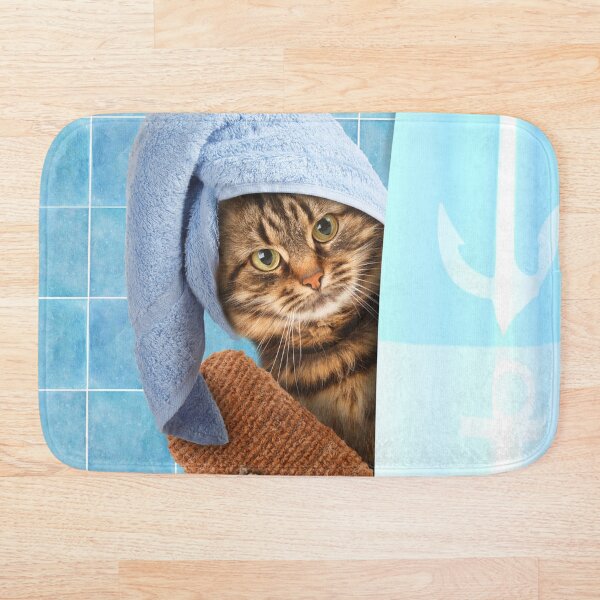 Item preview, funny modern bathroom art, funny cat in the shower designed and sold by BathHeaven.