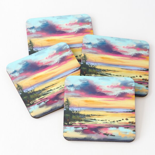 Item preview, Sunset at lake digital painting, colorful landscape designed and sold by Mikko Tyllinen.