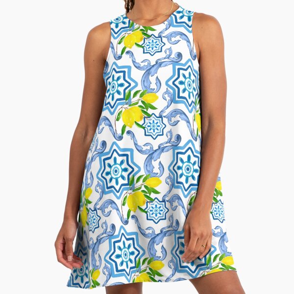 Sicilian Tiles,Mediterranean,Blue Tiles ,Lemons Lemon A-Line Dress