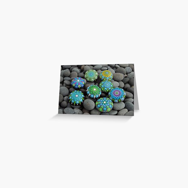 Blues -greens Mandala painted stones Greeting Card