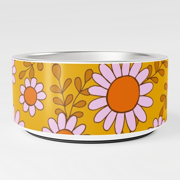 Retro 70s daisy flowers botanical pattern in orange and pink Pet Bowl