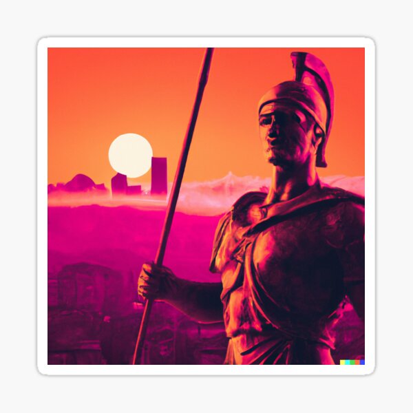 Item preview, DALL·E 2022-08-04 20.36.24 – Marmorstatue eines römischen Soldaten vor der Sonnenuntergangsskyline der Synthwave-Stadt – verbessert.JPG designed and sold by Nate Ober.