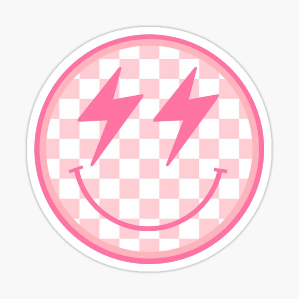 "Preppy Lightning Bolt Smiley Face Pink Checkered" Sticker for Sale