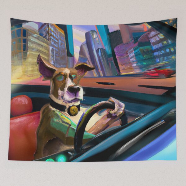 Item preview, Dog driving a car in a futuristic city designed and sold by Zestpond.