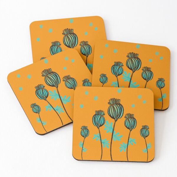 Item preview, Stylised poppy seed heads orange background  designed and sold by LynseysArtShop.