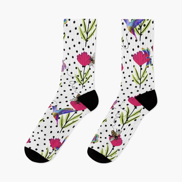 Item preview, White and Black Polka Dot Floral Hummingbird Print designed and sold by Trimzz.