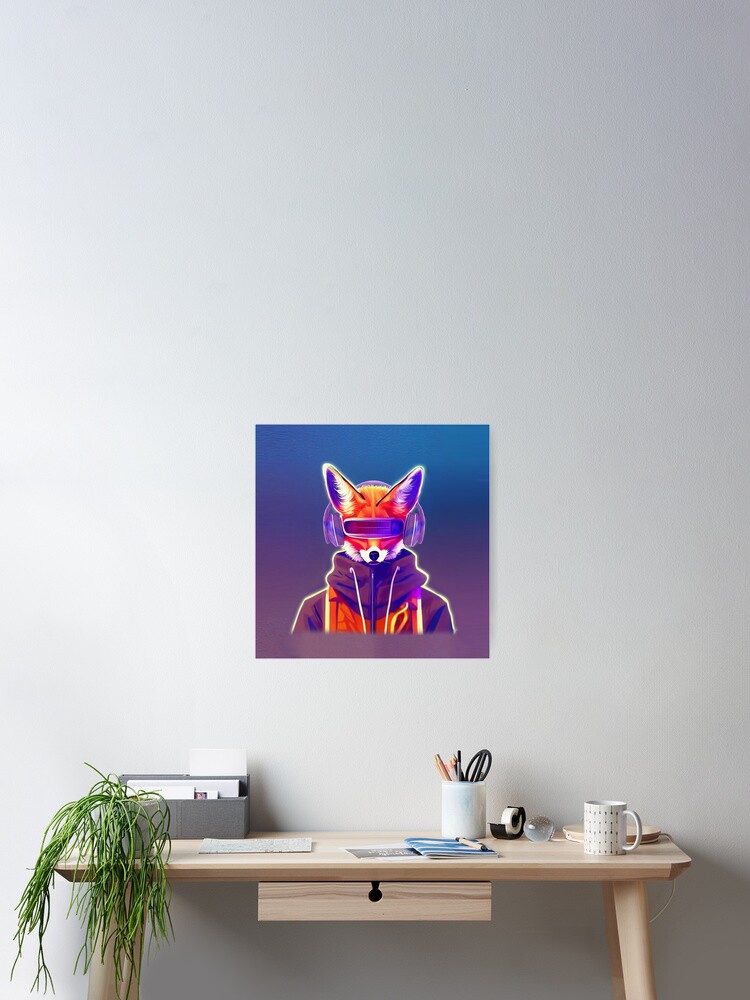 CyberFox Cyberpunk fox with headphones- Red Neon fox-retro Cyberpunk