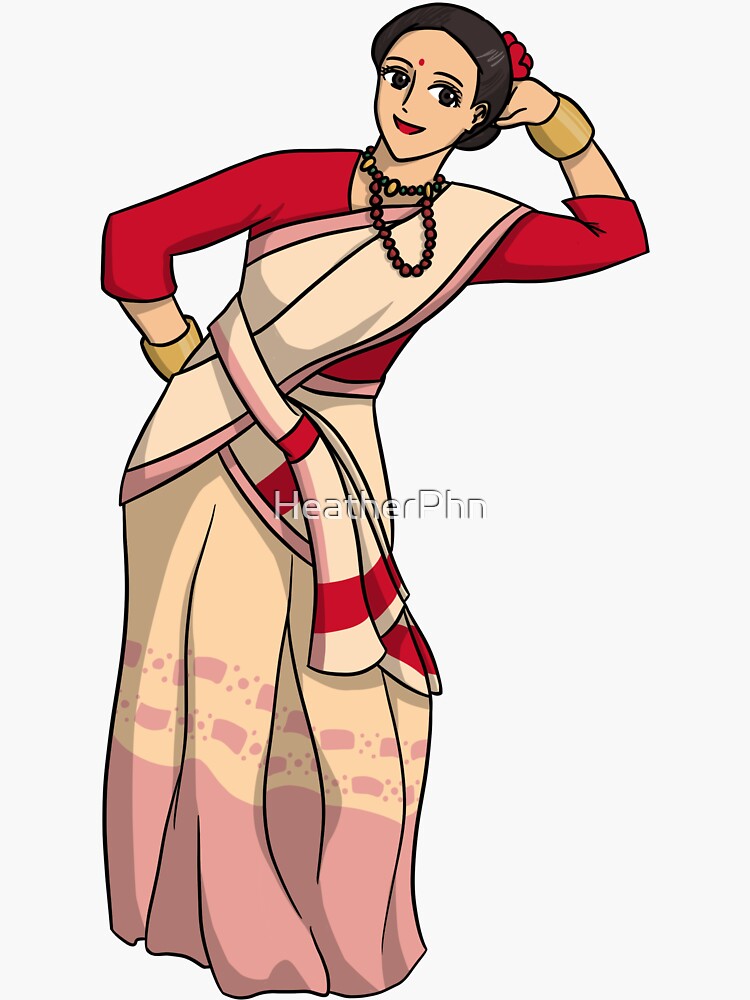 Indian lady dancing for Bihu in anime style