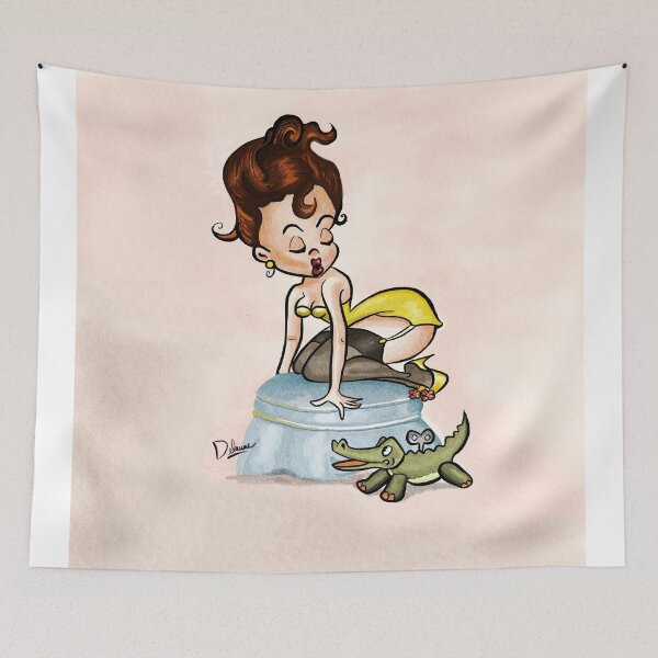 Item preview, Redhead Pinup in Lingerie Fearing a Toy Alligator on an Ottoman designed and sold by cartoonpinups.