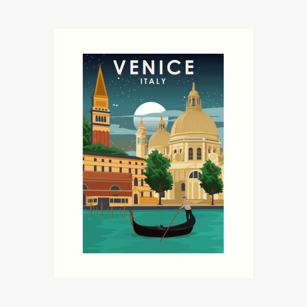 Venice Italy at Night Vintage Minimal Canals Travel Poster Art Print