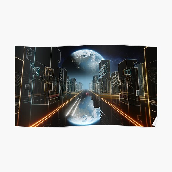 Driving toward Earth Planet with distant city skyline. 80s sci-fi. Poster