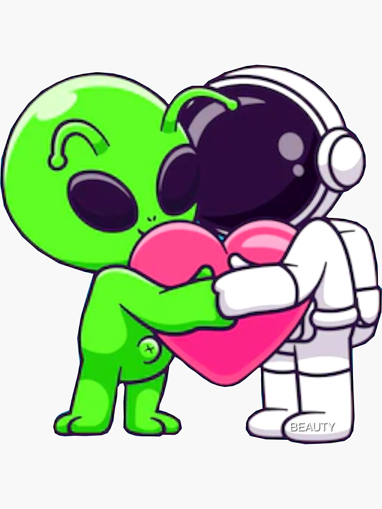 Cute Astronaut And Alien Hugging Love Cartoon Sticker For Sale By Coolmoondesigns Redbubble 