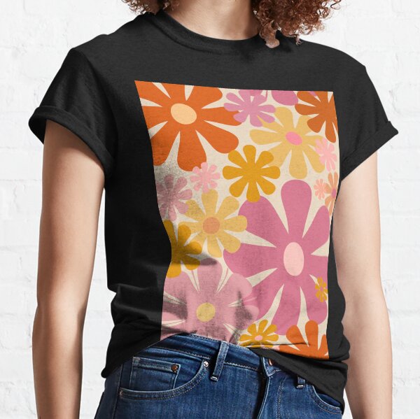 Retro 60s 70s Flowers - Vintage Style Floral Pattern in Thulian Pink, Orange, Mustard, and Cream Classic T-Shirt