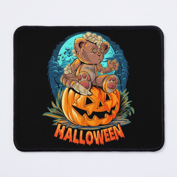 Item preview, A cute teddy bear with a knife on a pumpkin and the lettering Halloween designed and sold by velisani.