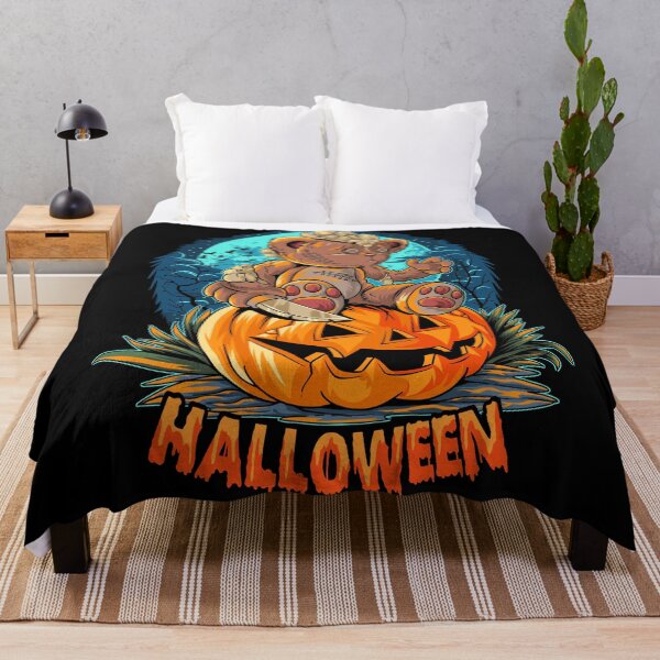 Item preview, A cute teddy bear with a knife on a pumpkin and the lettering Halloween designed and sold by velisani.