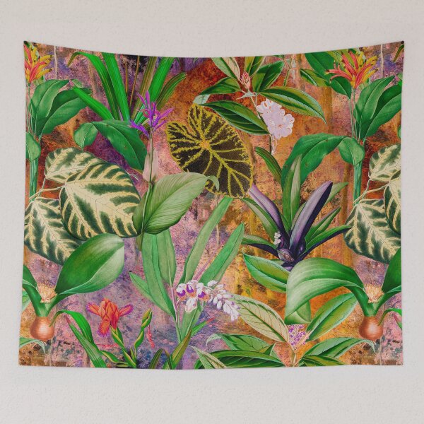 Item preview, Exotic tropical foliage, leaves and flowers tropical pattern, botanical illustration, yellow floral illustration   designed and sold by ZeinabTaha.