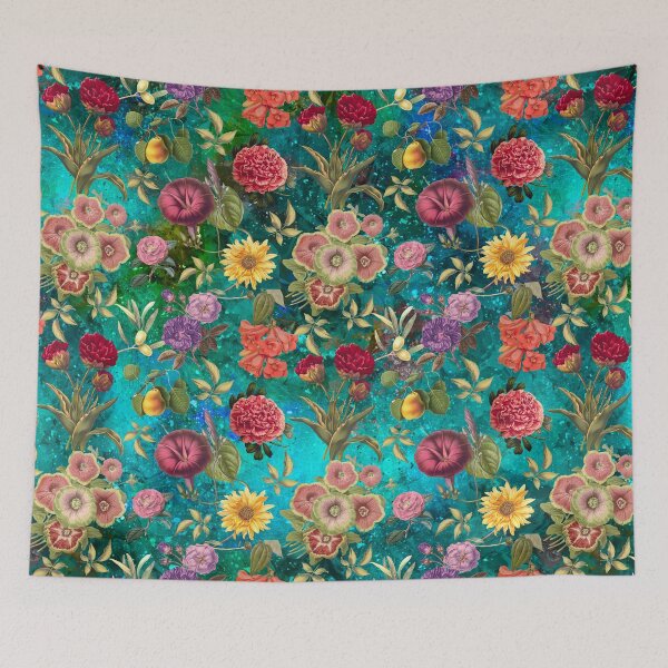 Item preview, Vintage flowers and roses exotic summer garden, botanical pattern, floral illustration, turquoise green vintage floral designed and sold by ZeinabTaha.