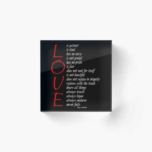 LOVE Is 1 Cor 13:4-8 Christian Bible Verse Scripture Black Acrylic Block