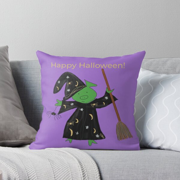 Item preview, Halloween purple witch with broomstick and spider.  Cute pig in fancy dress, green, Halloween designed and sold by PiggingJapan.